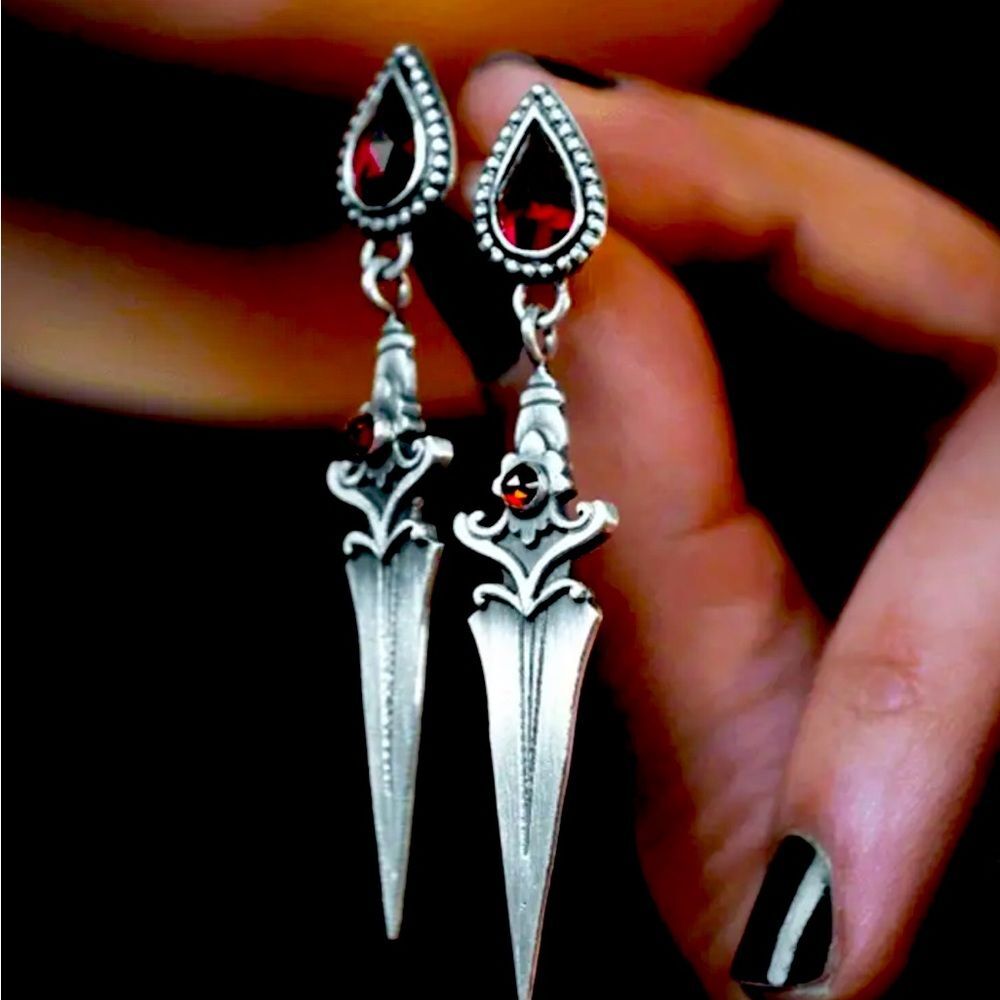 Dagger and blood red gem drop earrings goth gift silver tone sword new